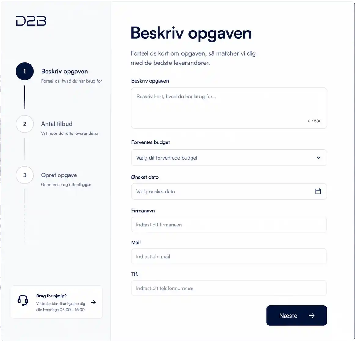 D2B formular til at oprette en B2B-opgave